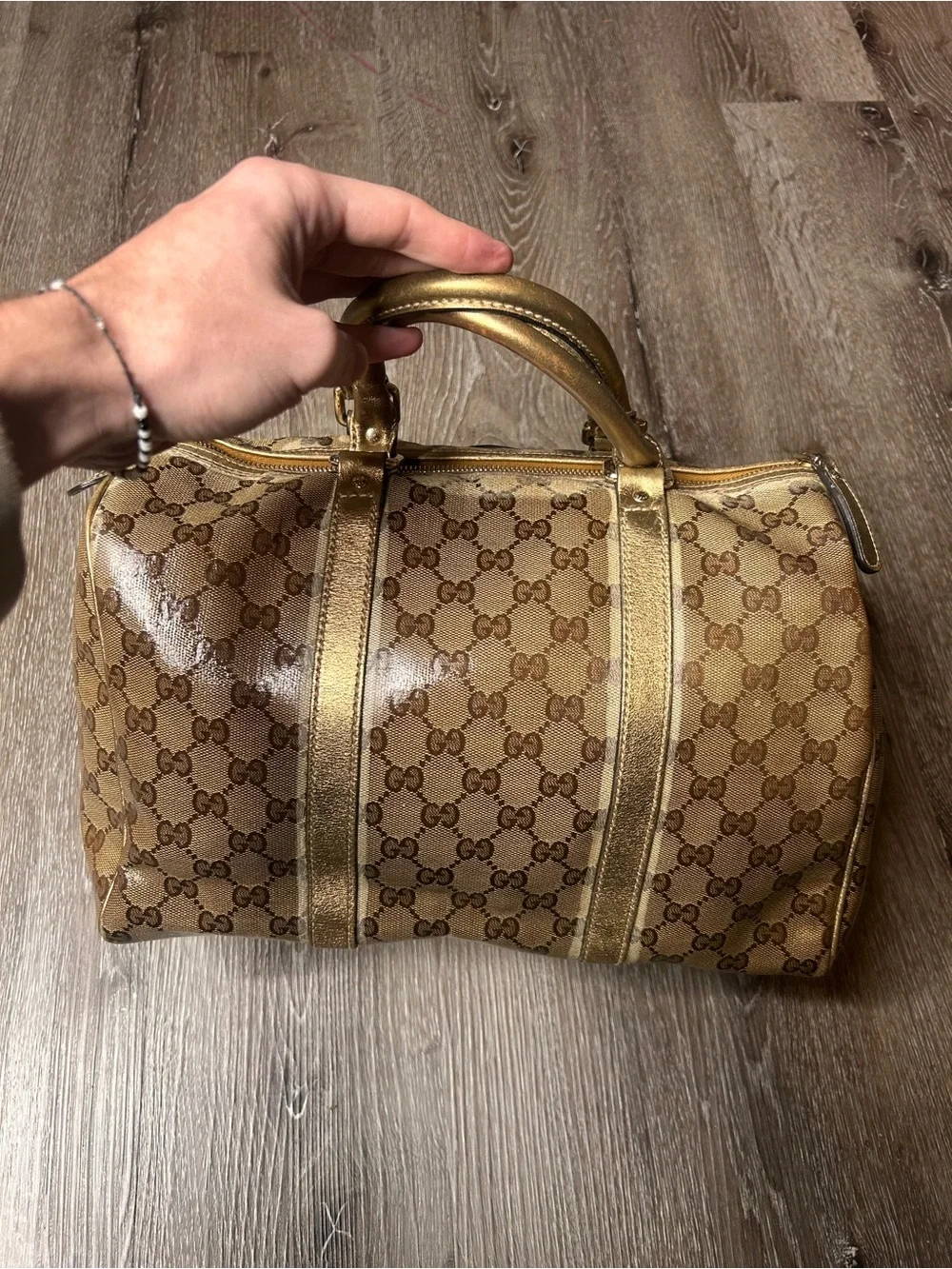 Gucci Crystal Top Handle Brown Beige GG Monogram Satchel with Gold Trim